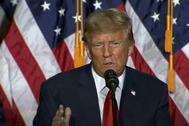 Former President Donald Trump, 2024 Republican frontrunner for the U.S. presidential election in November, speaks after winning the Iowa Caucuses in Des Moines, Iowa, on Jan. 15, 2024. Source: YouTube Screenshot.