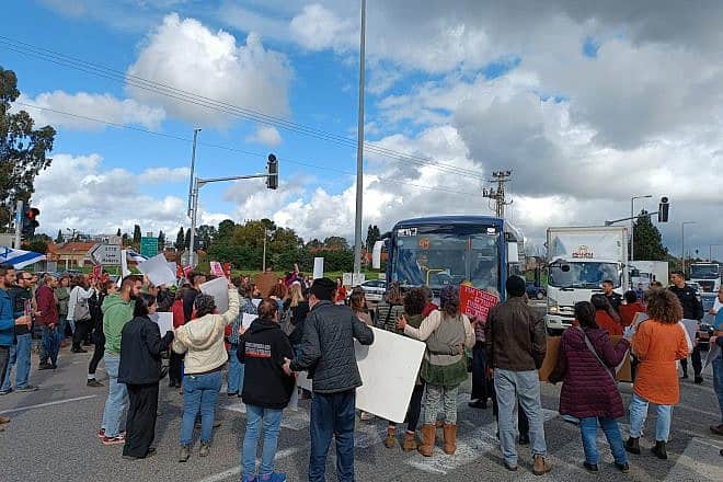 Hundreds of Israelis block trucks carrying humanitarian supplies towards the Gaza Strip at the Kerem Shalom border crossing, Jan. 24, 2024. Photo by Bashi Darshan/TPS.