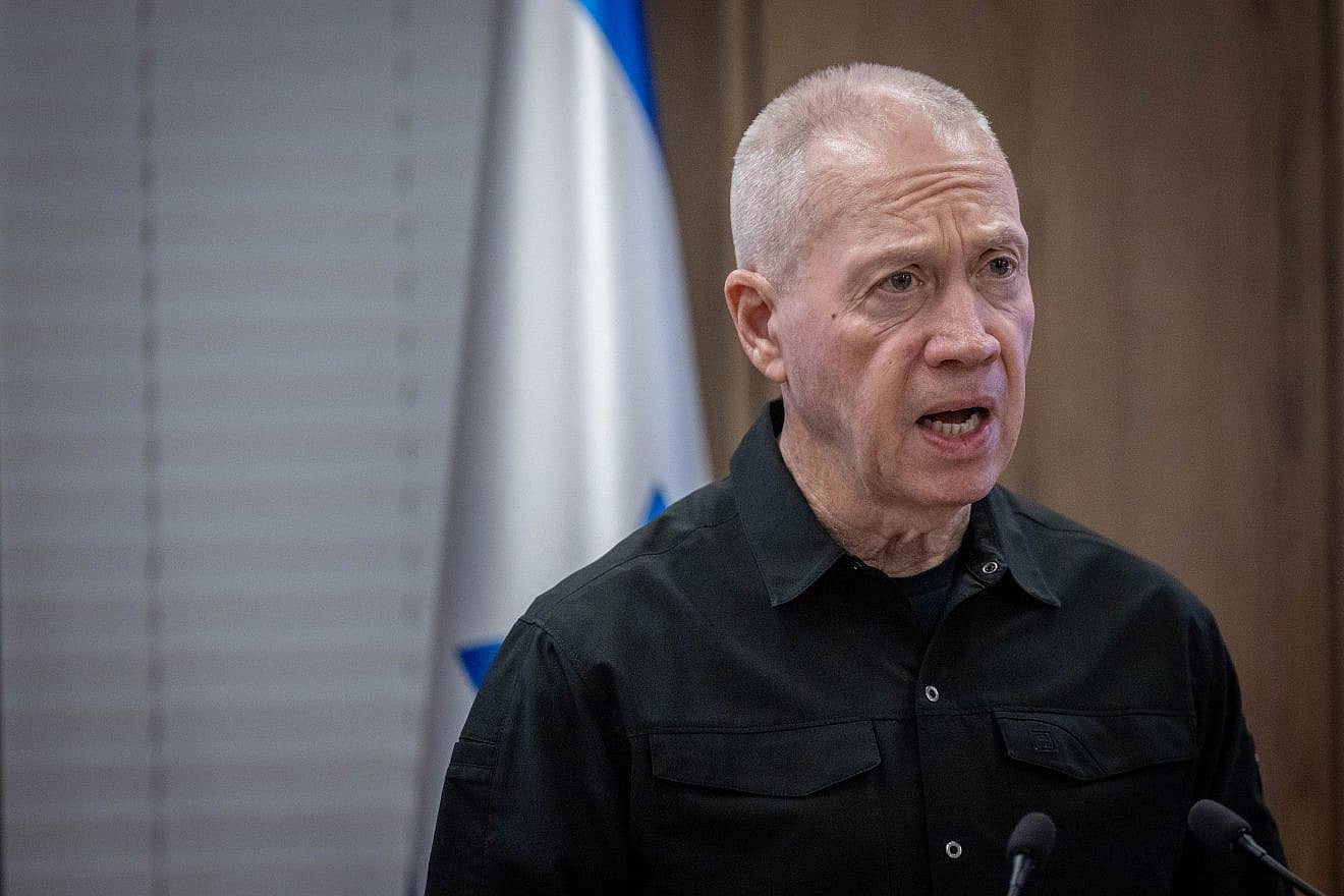 Israeli Defense Minister Yoav Galant at a joint press conference with Israeli Finance Minister Bezalel Smotrich in Jerusalem, on Dec. 26, 2023. Photo by Chaim Goldberg/Flash90.