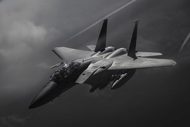 A U.S. Air Force F-15E Strike Eagle flies over Iraq on May 5, 2018. Credit: U.S. Air Force Photo by Staff Sgt. Corey Hook.