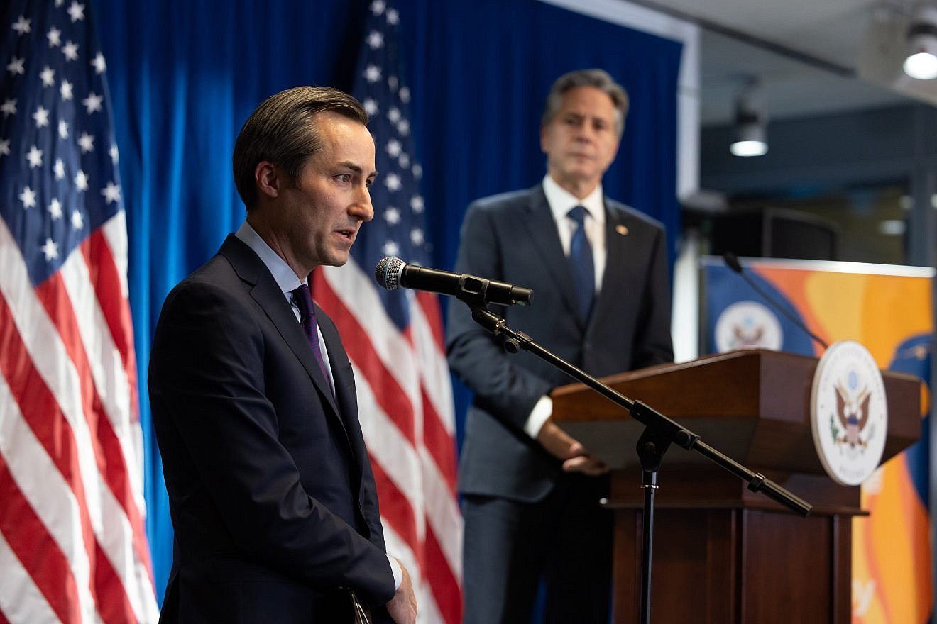 Matthew Miller, the U.S. State Department spokesman, moderates a press conference at the U.S. Embassy in Beijing, China, on June 19, 2023, as U.S. Secretary of State Antony Blinken looks on. Credit: Chuck Kennedy/U.S. State Department.