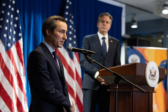 Matthew Miller, the U.S. State Department spokesman, moderates a press conference at the U.S. Embassy in Beijing, China, on June 19, 2023, as U.S. Secretary of State Antony Blinken looks on. Credit: Chuck Kennedy/U.S. State Department.