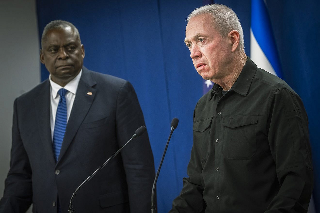 U.S. Defense Secretary Lloyd Austin and Israeli Defense Minister Yoav Gallant speak to reporters in Tel Aviv, Oct. 13, 2023. Photo by Chad J. McNeeley/U.S. Department of Defense.