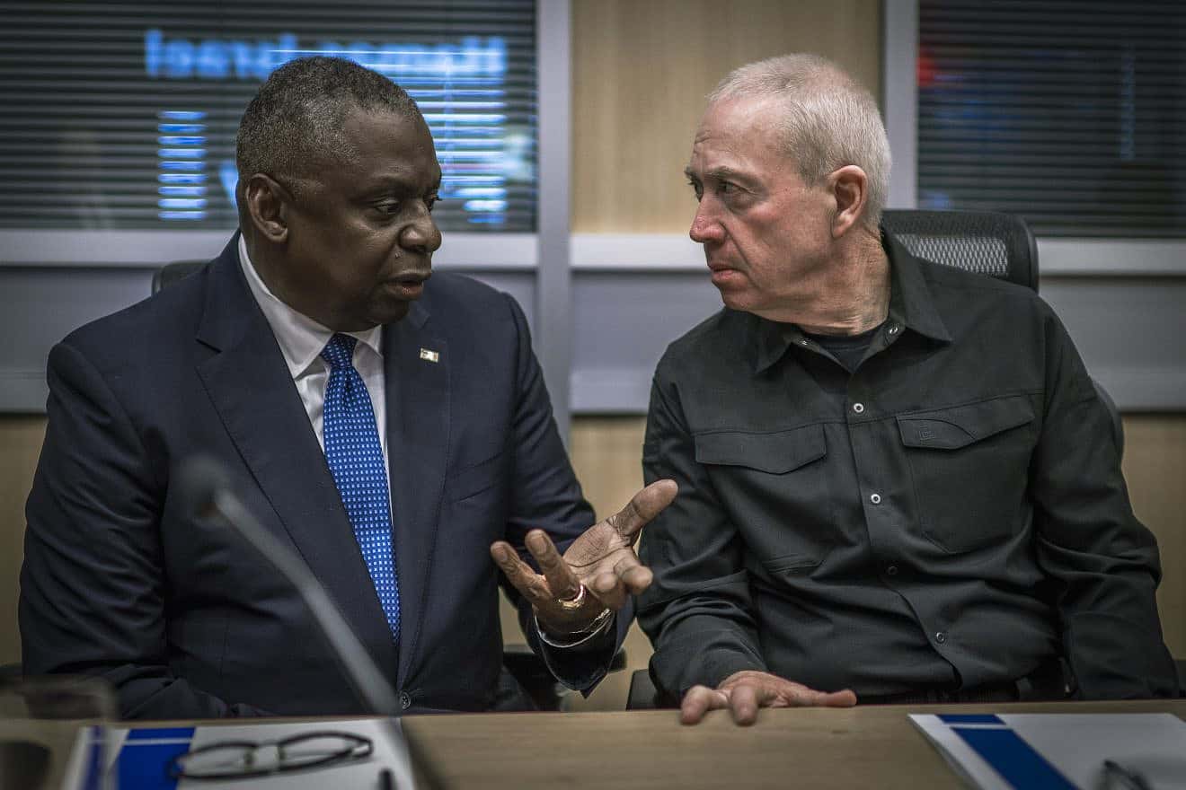 Lloyd Austin, the U.S. secretary of defense, speaks with Israeli Minister of Defense Yoav Gallant prior to meeting with the Israeli War Cabinet in Tel Aviv on Oct. 13, 2023. Credit: Chad McNeeley/U.S. Department of Defense.