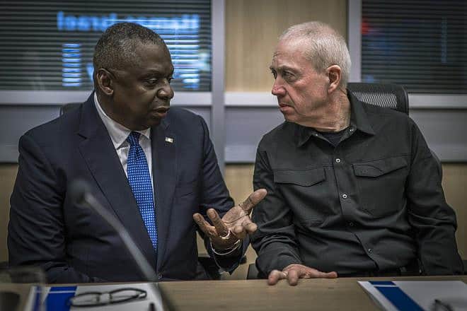 Lloyd Austin, the U.S. secretary of defense, speaks with Israeli Minister of Defense Yoav Gallant prior to meeting with the Israeli War Cabinet in Tel Aviv on Oct. 13, 2023. Credit: Chad McNeeley/U.S. Department of Defense.
