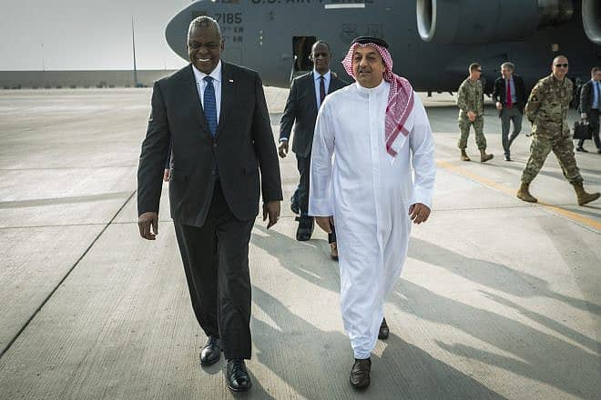 Lloyd Austin, the U.S. secretary of defense, and Qatari Minister of Defense Khalid bin Mohamed al Attyah at Al Udeid Air Base in Qatar on Dec. 19, 2023. Credit: Chad McNeeley/U.S. Department of Defense.