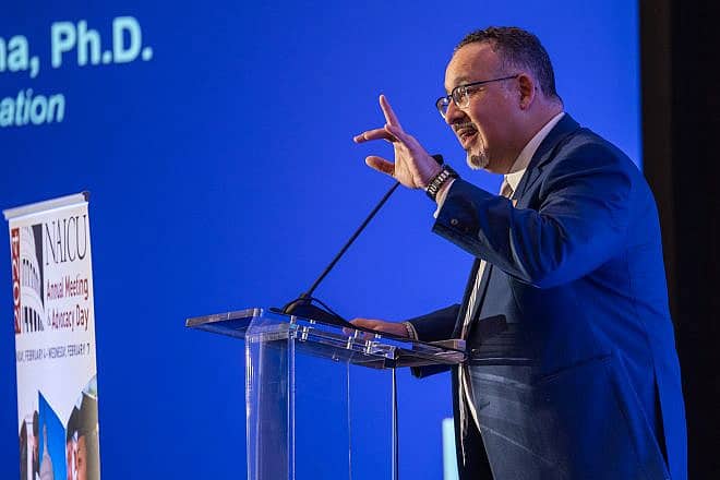 Miguel Cardona, the U.S. education secretary, speaks at the 2024 Annual Meeting and Advocacy Day of the National Association of Independent Colleges and Universities on Feb. 5, 2024. Credit: U.S. Department of Education.