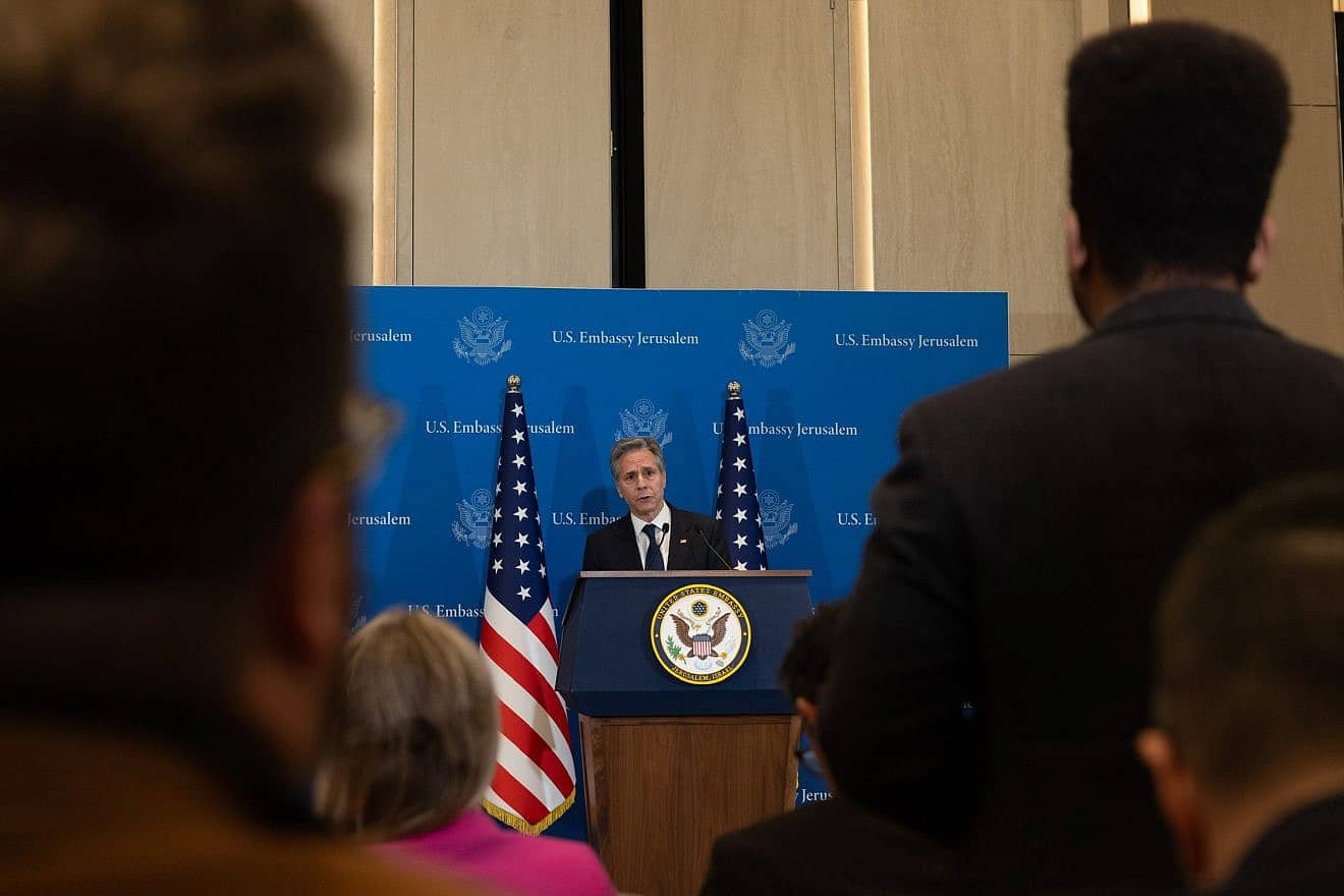 Antony Blinken, the U.S. secretary of state, addresses the press in Jerusalem on Feb. 7, 2024. Credit: Chuck Kennedy/U.S. State Department.