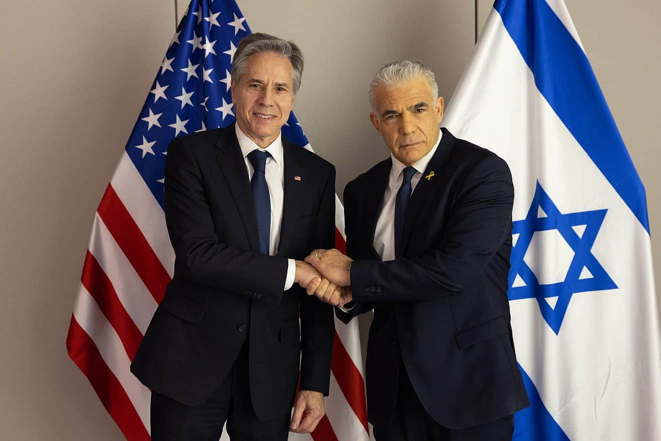 Antony Blinken, the U.S. secretary of state, meets with Israeli Opposition Leader Yair Lapid in Tel Aviv on Feb. 8, 2024. Credit: Chuck Kennedy/U.S. State Department.
