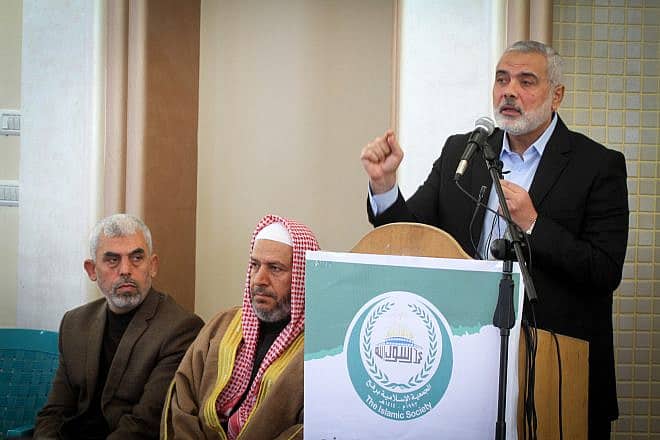 Hamas chief in Gaza Yahya Sinwar (far left) with Khalil al-Haya and Ismail Haniyeh at the opening of a new mosque in Rafah in southern Gaza, Feb. 24, 2017. Photo by Abed Rahim Khatib/ Flash90.