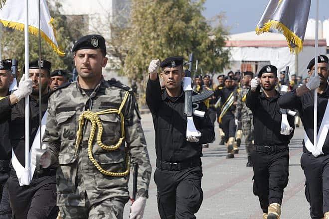 Hamas security forces display their military skills during academy graduation ceremony in Gaza City, Feb. 27, 2023. Photo by Atia Mohammed/Flash90.
