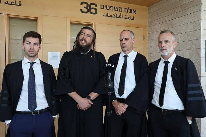 Attorneys of the Honenu legal defense group speak to the media before a court hearing in Lod, July 12, 2023. Photo by Jonathan Shaul/Flash90.