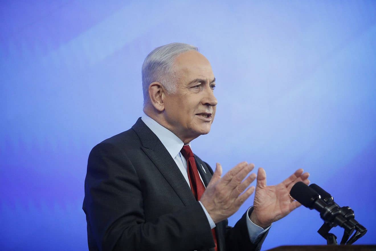 Israeli Prime Minister Benjamin Netanyahu speaks during a press conference at the Ministry of Defense in Tel Aviv, Jan. 18, 2024. Photo by Tomer Appelbaum/POOL.