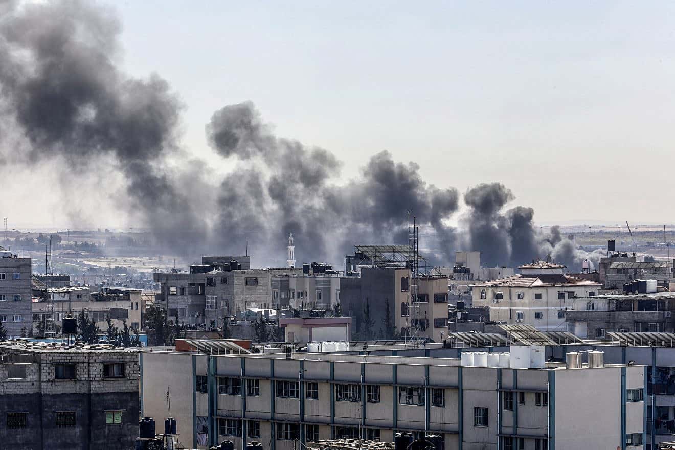Smoke rises after Israeli airstrikes seen from Rafah, in the southern Gaza Strip, Jan. 31, 2024. Photo by Abed Rahim Khatib/Flash90.