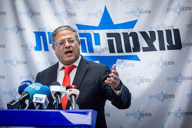 National Security Minister Itamar Ben-Gvir leads a meeting of the Otzma Yehudit Party faction at the Knesset, on Feb. 5, 2024. Photo by Yonatan Sindel/Flash90.