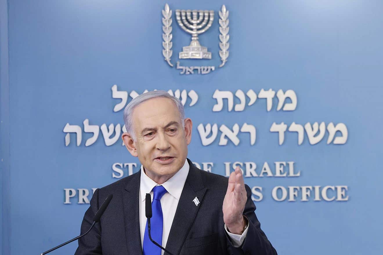 Israeli Prime Minister Benjamin Netanyahu speaks during a press conference in Jerusalem, Feb. 7, 2024. Photo by Marc Israel Sellem/POOL.