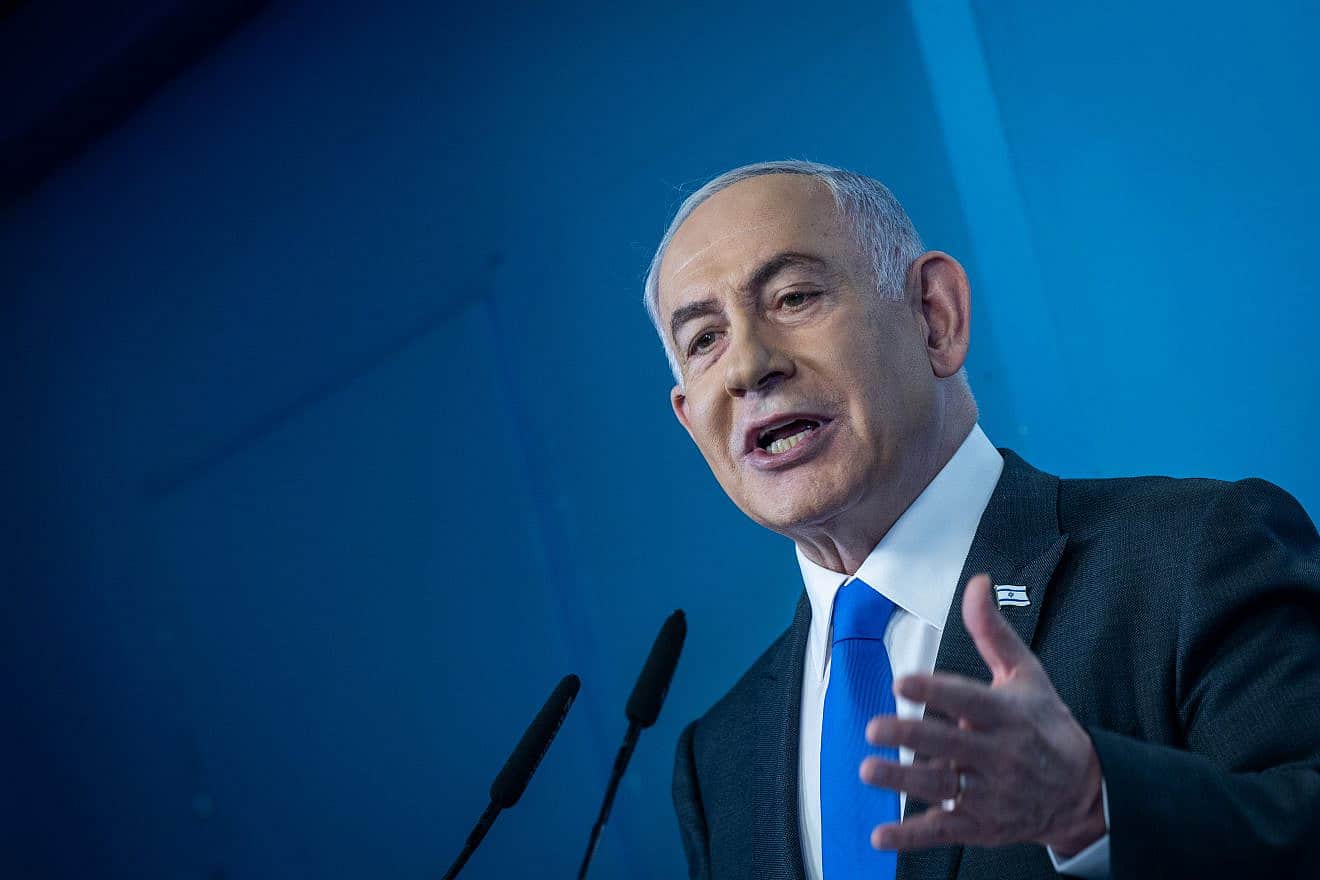 Israeli Prime Minister Benjamin Netanyahu holds a press conference in Jerusalem, Feb. 17, 2024. Photo by Yonatan Sindel/Flash90.