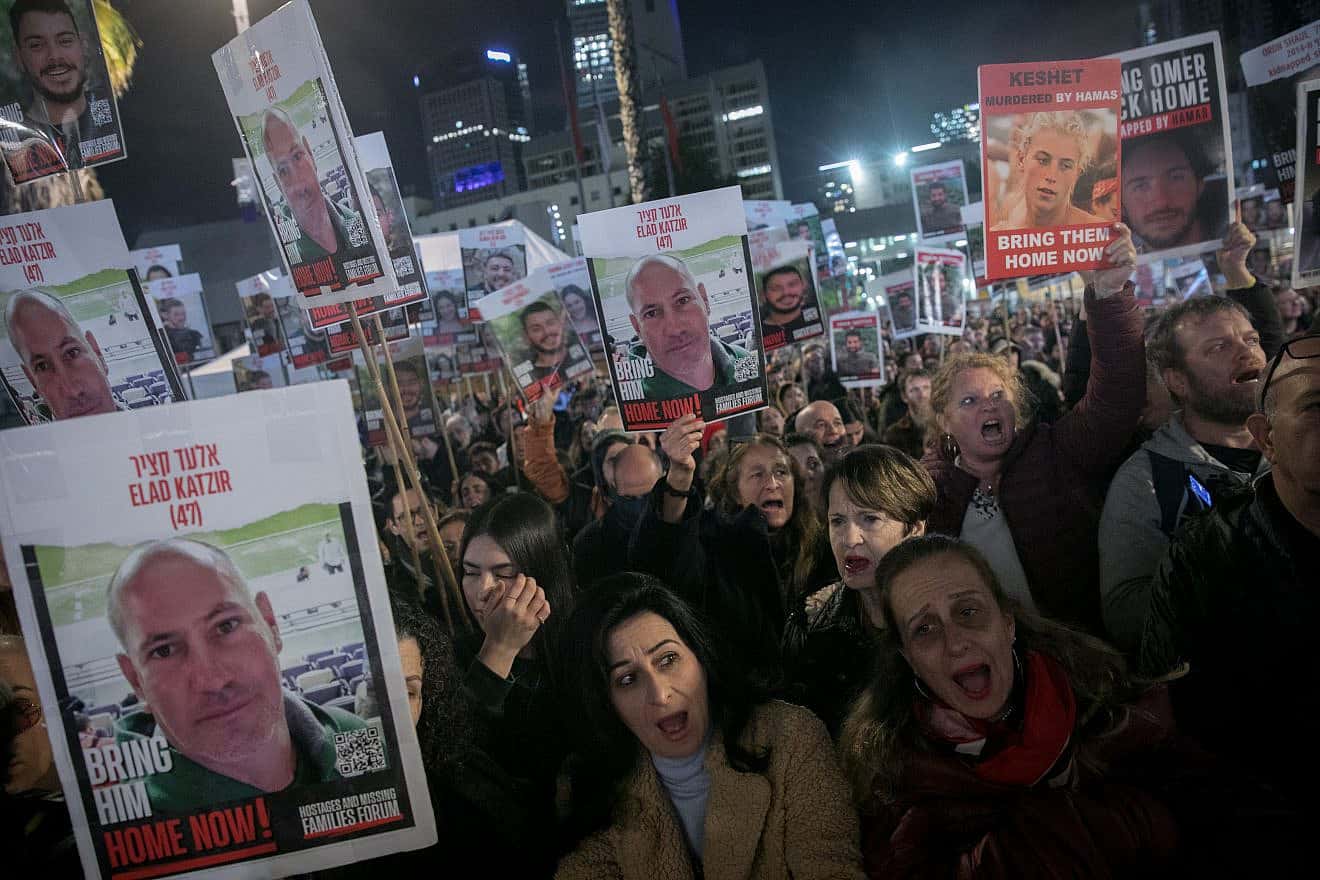 Israelis attend a rally calling for the release of Israelis held kidnapped by Hamas terrorists in Gaza at "Hostage Square" in Tel Aviv, Feb. 3, 2024. Photo by Miriam Alster/Flash90.