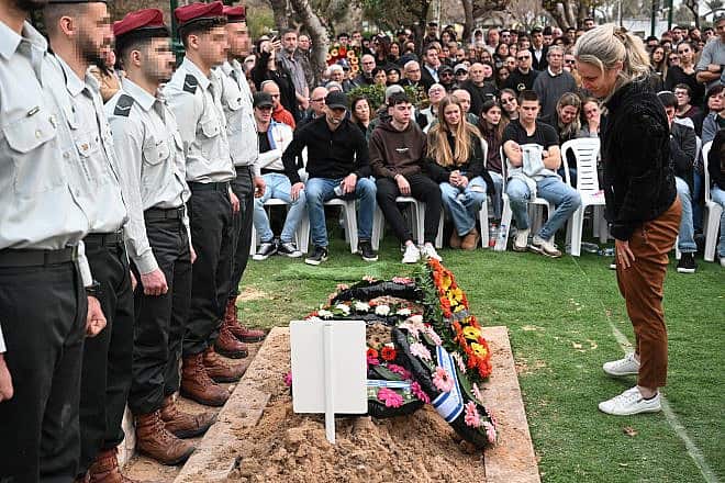 Mourners attend the funeral in Haifa of Maglan commando Sgt. Maj. Adi Eldor, 21, who was killed in action in the Gaza Strip, Feb. 7, 2024. Credit: Flash90.