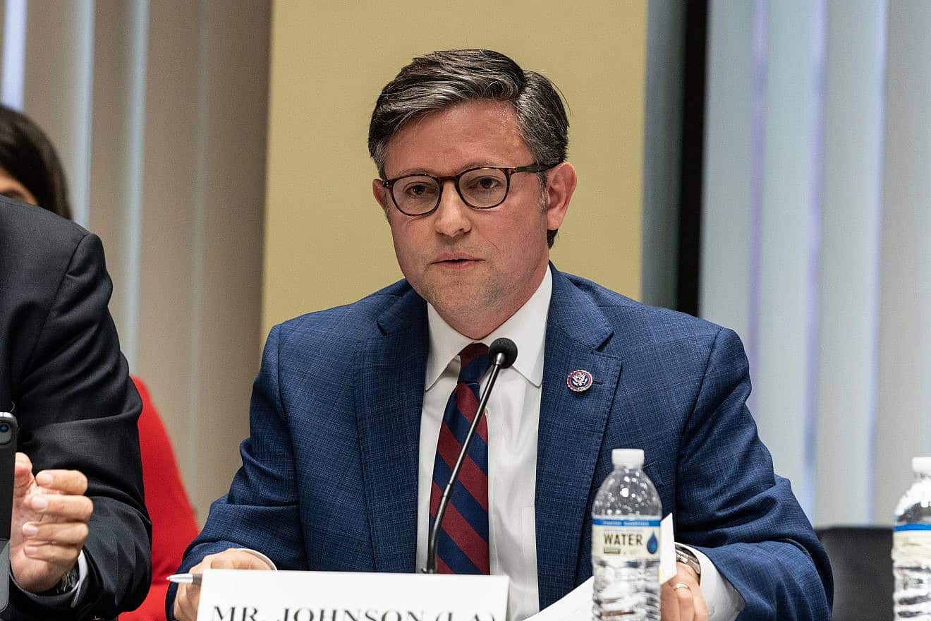 Speaker of the House Mike Johnson (R-La.) speaks during a House Judiciary Committee field hearing on New York City violent crimes, at the Javits Federal Building in New York City on April 17, 2023. Credit: Lev Radin/Shutterstock.