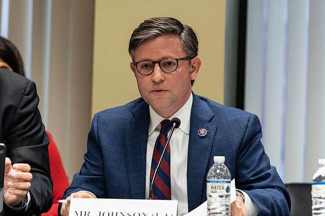 Speaker of the House Mike Johnson (R-La.) speaks during a House Judiciary Committee field hearing on New York City violent crimes, at the Javits Federal Building in New York City on April 17, 2023. Credit: Lev Radin/Shutterstock.