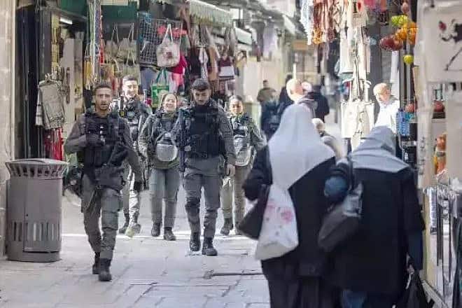 Border Police officers patrol the Old City in Jerusalem, February 2024. Photo by Oren Ben Hakoon.