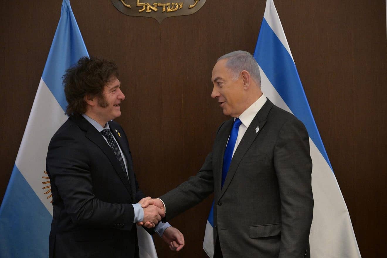 Israeli Prime Minister Benjamin Netanyahu meets at his office in Jerusalem with Argentinian President Javier Milei, Feb. 7, 2024. Photo by Amos Ben-Gershom/GPO.