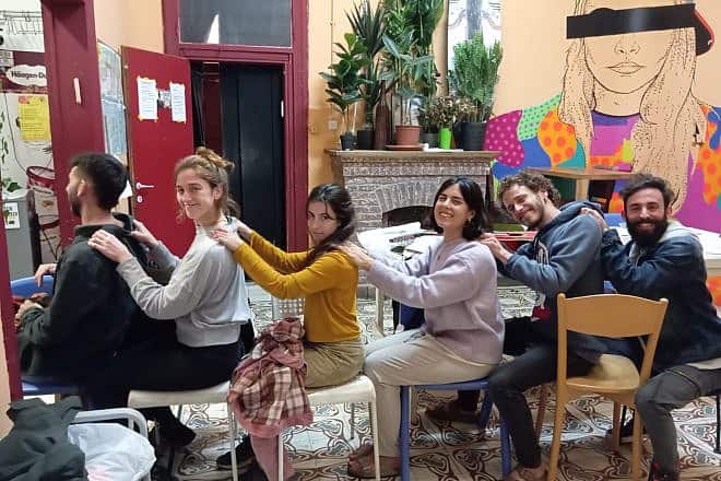 Kedma students at Roger's House Hostel in Tel Aviv after moving from Metula in the aftermath of Hamas's Oct. 7 terror attacks. Credit: Courtesy of Kedma.