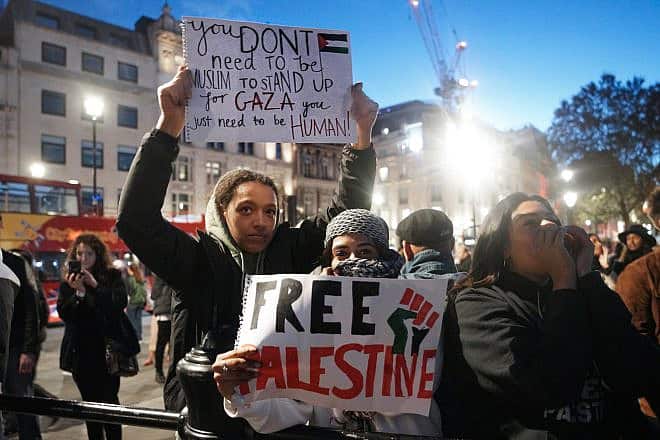A pro-Palestinian protest in London, a week after Hamas murdered 1,200 people in southern Israel and took more than 250 others hostage into the Gaza Strip, on Oct. 14, 2023. Credit: Alisdare Hickson/Flickr via Wikimedia Commons.