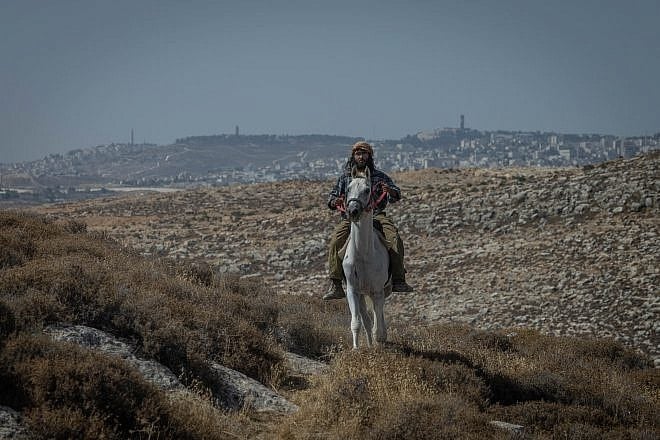 A Jewish settler rides his horse near the outpost of Ramat Migron on Sept. 8, 2023. Photo by Chaim Goldberg/Flash90.