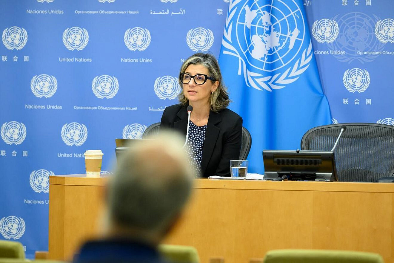 Francesca Albanese, U.N. special rapporteur, briefs reporters at U.N. headquarters. Credit: Loey Felipe/U.N. Photo.