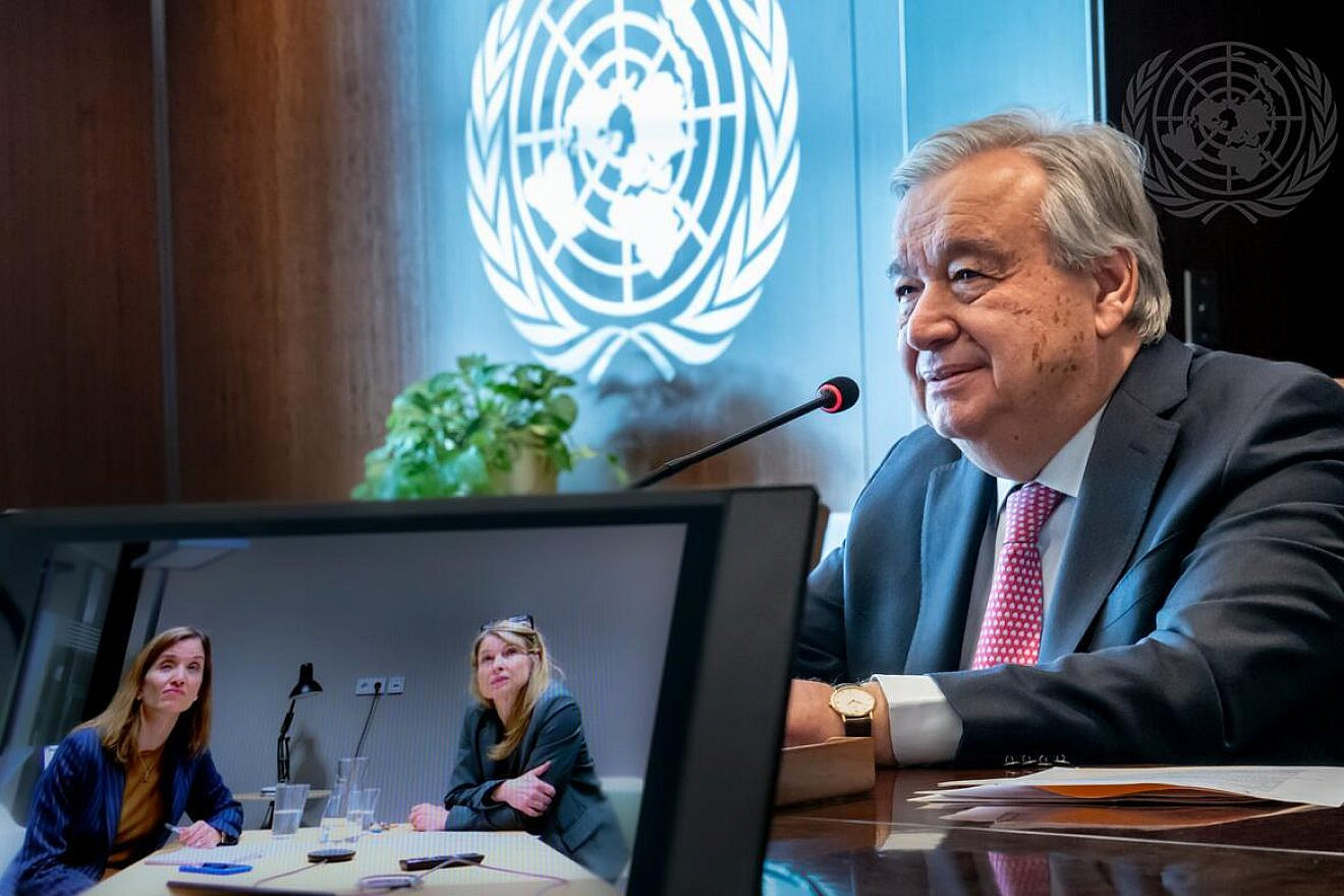 U.N. Secretary-General António Guterres is interviewed remotely by reporters from the German national weekly newspaper “Die Zeit.” Credit: Mark Garten/U.N. Photo.
