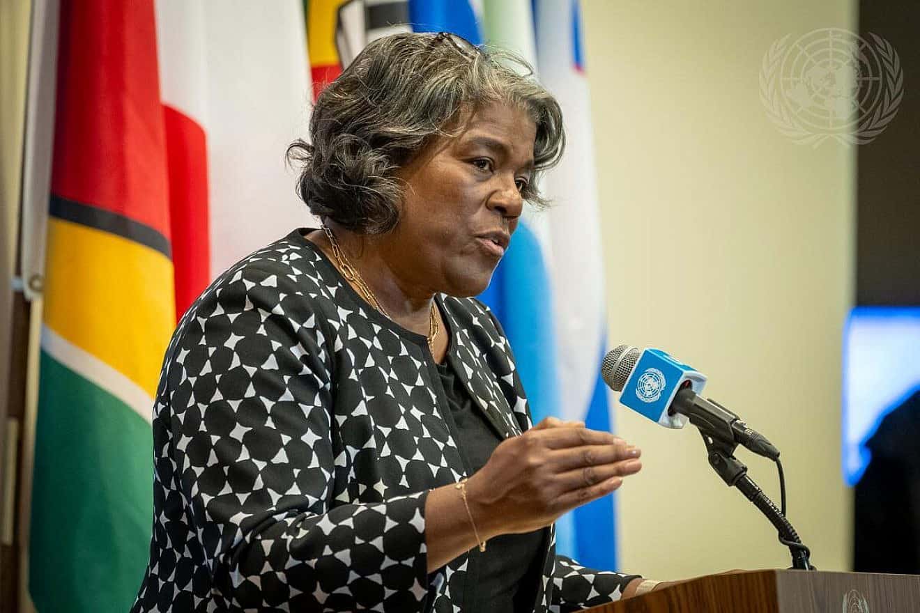 Linda Thomas-Greenfield, the U.S. ambassador to the United Nations, briefs reporters following a Security Council meeting about the Middle East on Feb. 20, 2024. Credit: Loey Felipe/U.N. Photo.