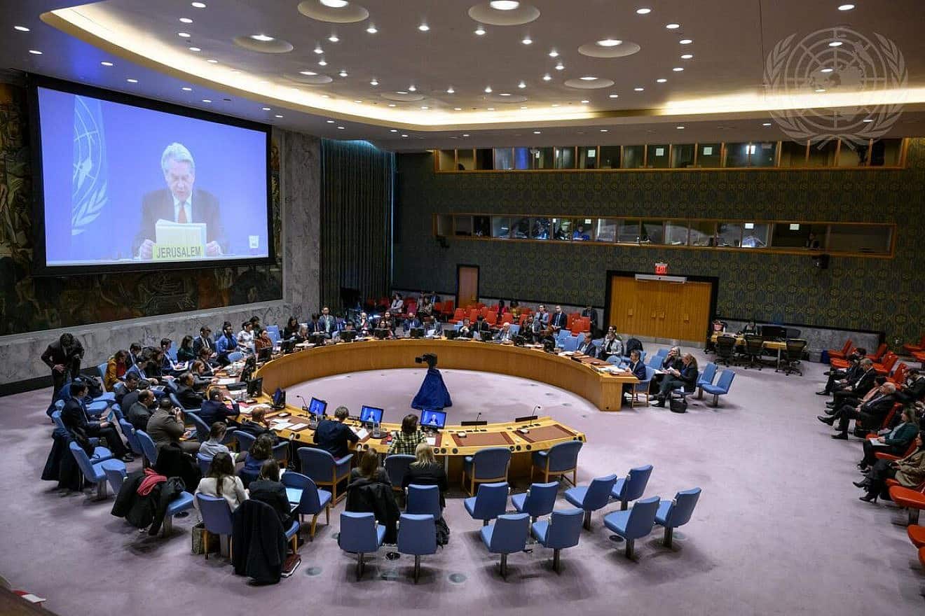 Wide view of the U.N. Security Council meeting on the situation in the Middle East, including the Palestinian question. On the screen is Tor Wennesland, special coordinator for the Middle East peace process. Credit: Loey Felipe/U.N. Photo.