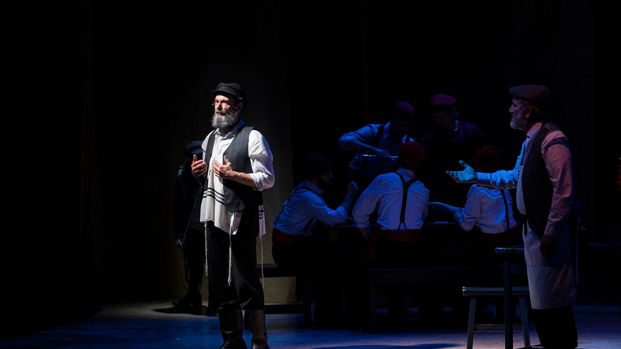 Steven Skybell (Tevye) and Bruce Sabath (Leyzer-Wolf) in the premiere of "Fiddler on the Roof" in Yiddish at the Museum of Jewish Heritage in New York on July 15, 2018. Credit: Lev Radin/Shutterstock.