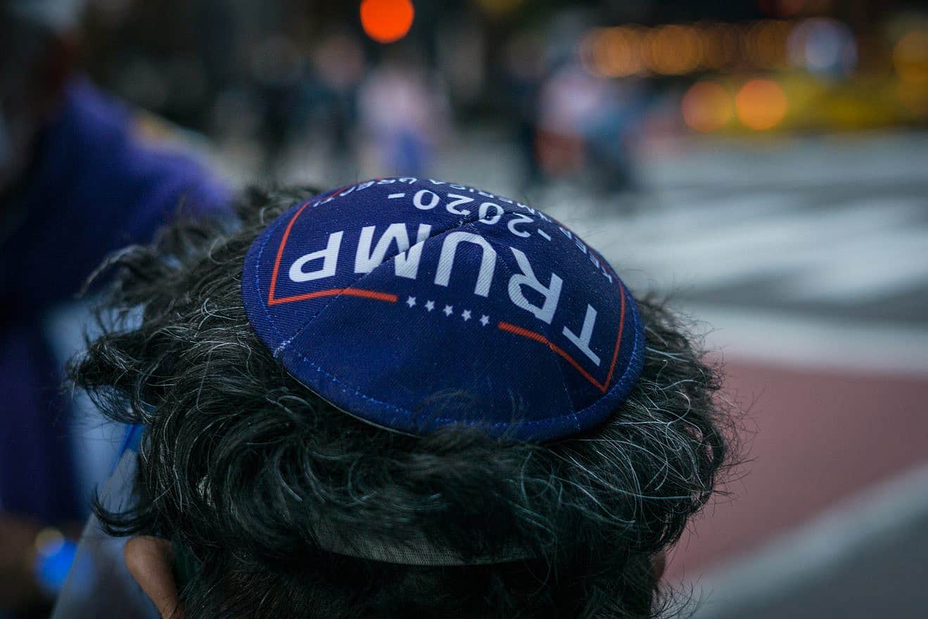 A man wearing a Trump 2020 yarmulke. Credit: Steve Sanchez Photos/Shutterstock.