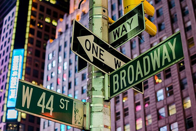 Street signs on the corner of Broadway and 44th Street, New York City. Credit: Juan Carlos Alonso Lopez/Shutterstock.