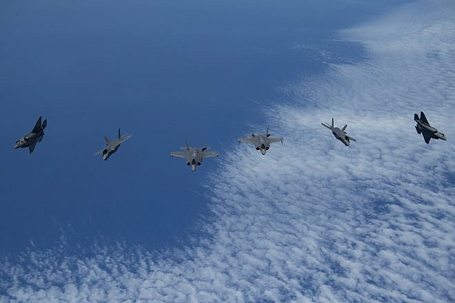 U.S. Air Force F-35A Lightning IIs, center, Israeli Air Force F-35I Lightning IIs, right, and Royal Air Force F-35B Lightnings, left, begin combat drills during Exercise Tri-Lightning June 25, 2019 over an undisclosed location over the Mediterranean Sea. Credit: Staff Sgt. Keifer Bowes/U.S. Air Force photo.