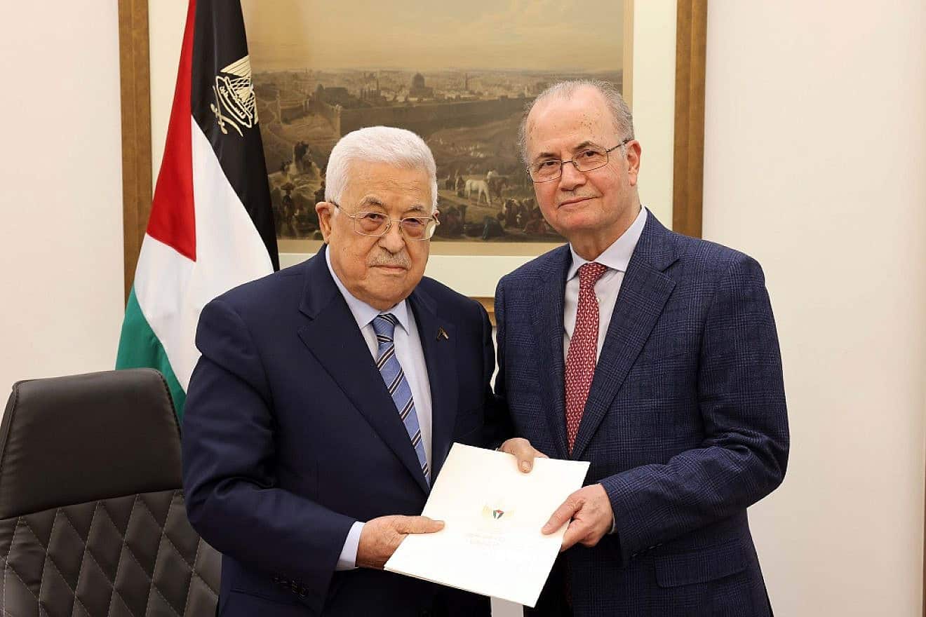 Palestinian Authority chief Mahmoud Abbas (left) with newly appointed P.A. Prime Minister Mohammad Mustafa, March 14, 2024. Source: Wafa news agency.