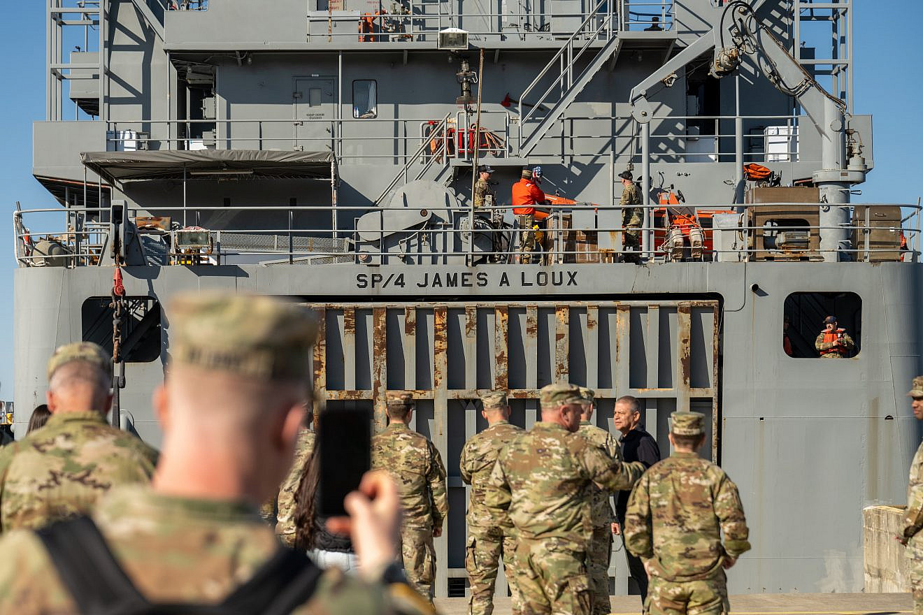 U.S. soldiers with the 7th Transportation Brigade (Expeditionary) ready the USAV SP4 James A. Loux to deploy from Joint Base Langley-Eustis, Va. on March 12, 2024. Credit: Joseph Clark/U.S. Department of Defense.