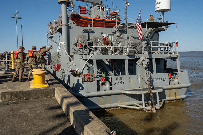 U.S. soldiers with the 7th Transportation Brigade (Expeditionary) ready the USAV SP4 James A. Loux to deploy from Joint Base Langley-Eustis, Va. on March 12, 2024. Credit: Joseph Clark/U.S. Department of Defense.