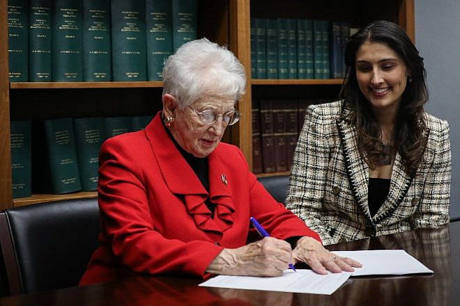 Rep. Virginia Foxx (R-N.C.), chair of the House Committee on Education and the Workforce, signs a March 8, 2024 letter to the Massachusetts Institute of Technology alongside Jewish MIT graduate student Talia Khan. Credit: House Committee on Education and the Workforce.