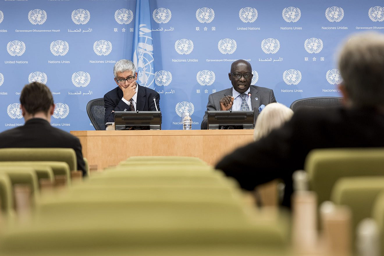 Adama Dieng, U.N. special adviser on the prevention of genocide, and Farhan Haq (left), deputy spokesman for the U.N. secretary-general, at a Nov. 18, 2016 press briefing about South Sudan. Credit: Mark Garten/U.N. Photo.