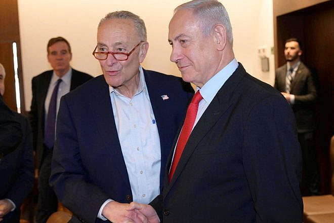 Israeli Prime Minister Benjamin Netanyahu meets with Senate Majority Leader Chuck Schumer (D-N.Y.) in Israel in February 2023. Credit: Amos Ben-Gershom/GPO.