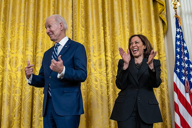 U.S. President Joe Biden and Vice President Kamala Harris react while high school senior and youth leader DuWayne Portis Jr. delivers remarks at a Black History Month reception on Feb. 27, 2023 in the East Room of the White House. Credit: Adam Schultz/White House.