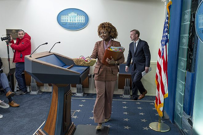 White House Press Secretary Karine Jean-Pierre, joined by National Security Advisor Jake Sullivan, holds a Feb. 14, 2024 press briefing at the White House. Credit: Oliver Contreras/White House.