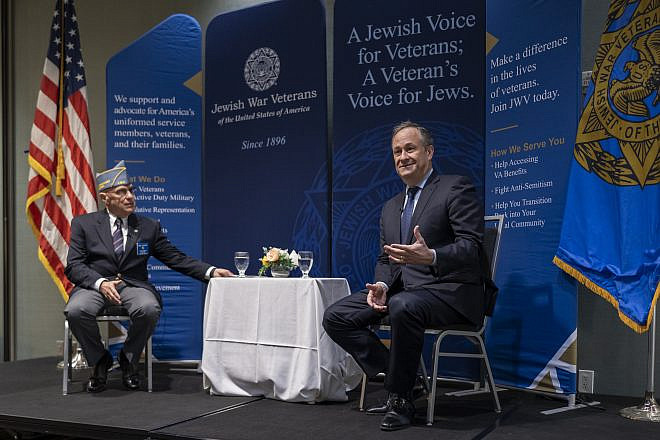Doug Emhoff, the husband of U.S. Vice President Kamala Harris, participates in a discussion moderated by Col. Barry Lischinsky at the Jewish War Veterans National Executive Committee Meeting at the Hilton Garden Inn in Washington, D.C., on Feb. 21, 2024. Credit: Cameron Smith/White House.