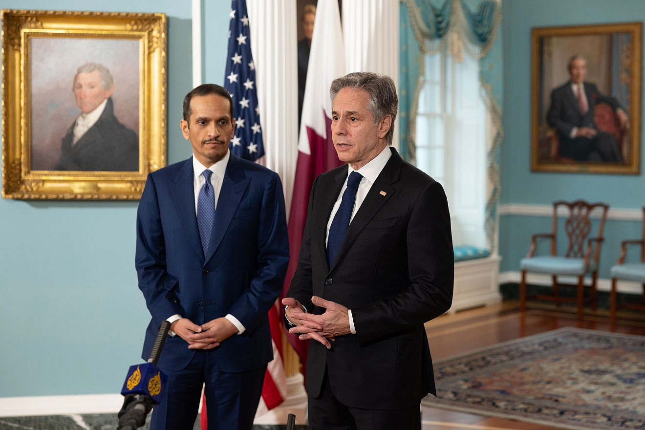 Qatari Prime Minister and Foreign Minister Mohammed bin Abdulrahman Al Thani (left) with Secretary of State Antony Blinken at the State Department in Washington on March 5, 2024. Photo by Chuck Kennedy/U.S. State Department.