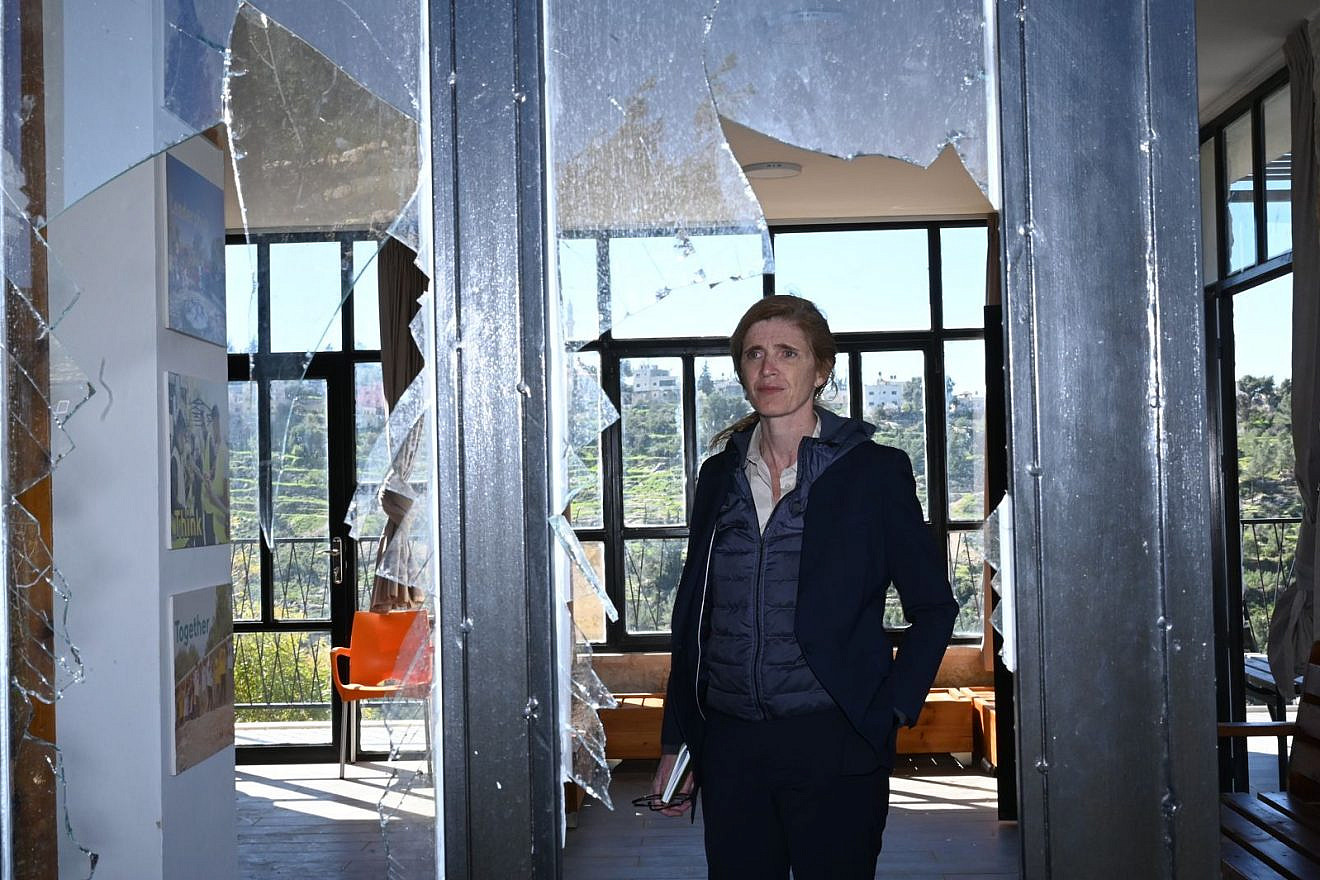 USAID Administrator Samantha Power visited the Learning Center at the Youth Village at Kufr Neemeh that has been severely damaged by recent "extremist settler violence" and forced to shut down. Credit: USAID.
