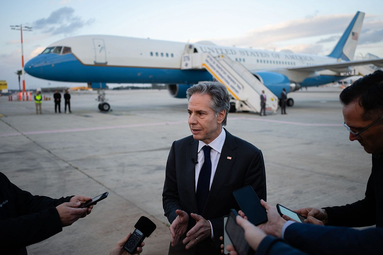 U.S. Secretary of State Antony Blinken speaks to reporters at Ben-Gurion Airport before departing Tel Aviv, March, 22, 2024. Credit: Chuck Kennedy/U.S. State Department.